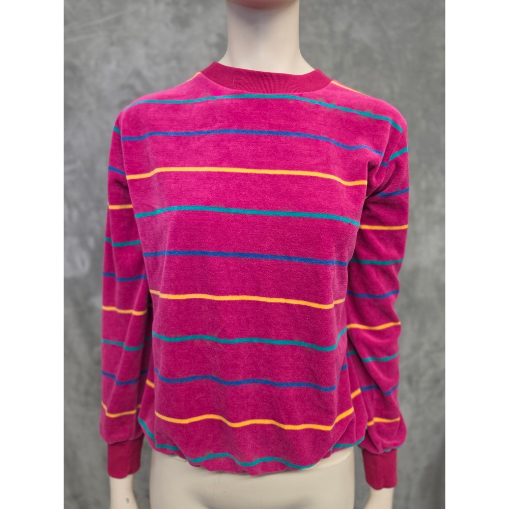 Vintage 80s 90s Pink Velour Striped Pullover Sweatshirt Womens Med. Retro Tomboy